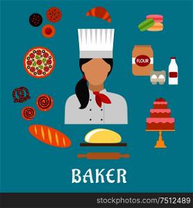 Baker profession flat icons with baker in chef hat, encircled by pizza, cupcakes, cake, macarons, croissant, long loaf of bread, cinnamon rolls, pretzel, dough with rolling pin, flour, eggs and milk. Baker profession and pastries flat icons