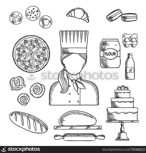 Baker profession icons with bread and cake, pizza and macarons, croissant and cupcakes, cookies and pretzel, cinnamon rolls and dough with rolling pin, milk and flour, eggs and baker in chef uniform. Baker profession and pastry sketched icons