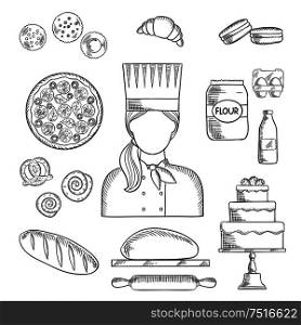 Baker profession icons with bread and cake, pizza and macarons, croissant and cupcakes, cookies and pretzel, cinnamon rolls and dough with rolling pin, milk and flour, eggs and baker in chef uniform. Baker profession and pastry sketched icons