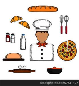 Baker profession icons with man in toque, pizza and baguette, croissant and milk, eggs and dough, chopping board and cutlery, salt, pepper and pot. Baker icons with bakery and ingredients