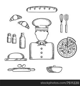 Baker profession sketch icons with chef in toque, pizza, baguette and croissant, milk and eggs, dough and chopping board, cutlery and salt, pepper and pot. Vector sketch. Baker profession and ingredients sketches
