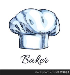 Baker toque or chef hat sketch with white professional uniform headwear of executive chef, sous-chef, cook, range chef and other kitchen staff. Restaurant, cafe, food service themes design. White baker toque or chef hat sketch
