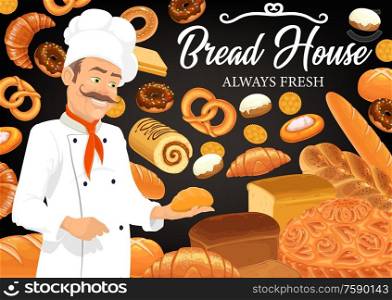 Baker with bread and bakery shop food. Vector pastry chef, white hat and loaves of wheat bread, baguette, croissant and toasts, bagel, donut, cookie and sweet buns, pretzel, pie, cheese tart and roll. Baker, bread, baguette and pastries. Bakery shop