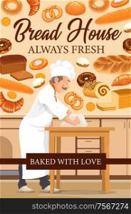 Baker with bread, pastries and sweets, bakery shop vector poster. Chef kneading dough on table. Croissant and bread, baguette and cookies, sandwich toast, donut and buns, pretzel, challah and roll. Baker with wheat bread and pastries. Bakery shop