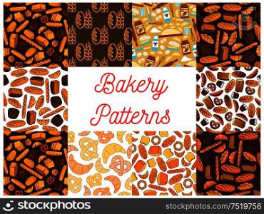 Bakery and baking seamless backgrounds. Wallpapers with vector icons of bread, croissant, bread, baguette, muffin, bun, loaf, pretzel, bagel, pie, flour dough cake cupcake milk whisk milk bottle. Bakery bread products seamless pattern backgrounds