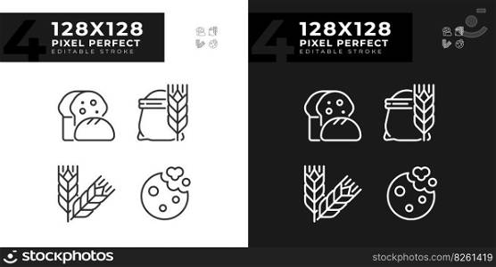 Bakery and bread pixel perfect linear icons set for dark, light mode. Fresh baked goods. Wheat products. Whole grain. Thin line symbols for night, day theme. Isolated illustrations. Editable stroke. Bakery and bread pixel perfect linear icons set for dark, light mode