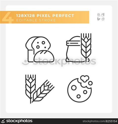 Bakery and bread pixel perfect linear icons set. Fresh baked goods. Wheat products. Whole grain. Customizable thin line symbols. Isolated vector outline illustrations. Editable stroke. Bakery and bread pixel perfect linear icons set