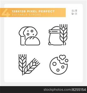 Bakery and bread pixel perfect linear icons set. Fresh baked goods. Wheat products. Whole grain. Customizable thin line symbols. Isolated vector outline illustrations. Editable stroke. Bakery and bread pixel perfect linear icons set