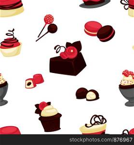 Bakery and cakes baked culinary products seamless pattern vector. Chocolate ingredients and topping, lollipop and cakes, candies with stuffing vanilla flour. Strawberry taste sweet food dessert. Bakery and cakes baked culinary products seamless pattern vector