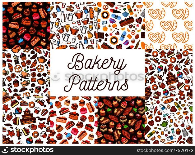 Bakery and pastry desserts seamless patterns set with chocolate and fruit cake, cupcake, croissant, donut, muffin, berry pie, cookie, candy, cheesecake and waffle, gingerbread and pretzel. Bakery and pastry desserts seamless patterns set