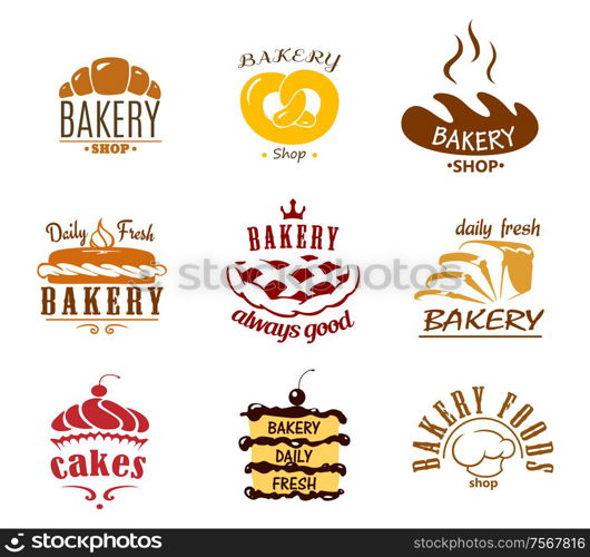 Bakery and pastry emblems or labels with bread, cakes,pies,croissant and chef toque