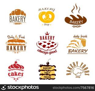 Bakery and pastry emblems or labels with bread, cakes,pies,croissant and chef toque