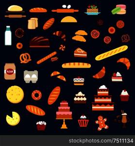Bakery and pastry flat icons with cakes and cupcakes, cream and fruits, pies, buns, croissants, cookies, macarons, pancakes, donuts pretzels baguettes wheat and rye bread, toasts and dough. Bakery, pastry and confectionery flat icons