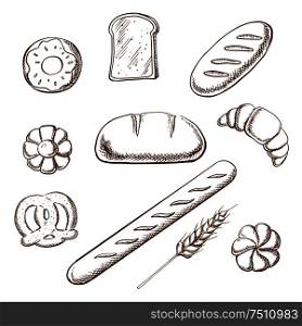 Bakery and pastry icons in sketch style with round loaf of rye bread encircled by long loaf, toasts, french baguette, salty pretzel and sweet cookie, donut, croissant and bun. Bakery and pastry object sketches