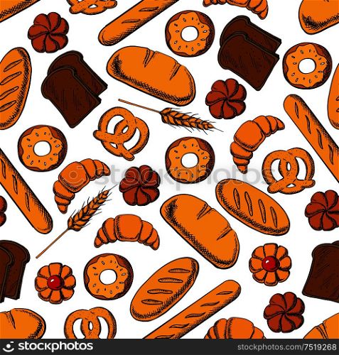 Bakery and pastry products background. Seamless pattern of sweet bun, french croissant and baguette, glazed donut, jelly filled cookie, pretzel, long loaf and dark rye bread. Bread and sweet buns seamless pattern backgorund