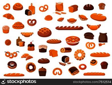 Bakery and pastry products icons set with various sorts of bread, sweet buns, cupcakes, dough and cakes for bakery shop or food design. Bakery and pastry products icons