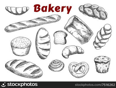Bakery and pastry products sketches with raisins muffin and cinnamon roll, french croissants and baguette, pretzel and braided sweet buns, loaves of wheat, rye and sprouted grains bread . Bakery sketches with bread and pastry