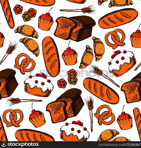 Bakery and pastry seamless background. Vector pattern wallpaper of croissant, bread, baguette, muffin, pretzel, bagel, cupcake for patisserie, cafe, bakery desserts shop. Bakery and pastry seamless background
