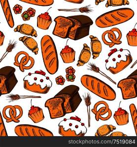 Bakery and pastry seamless background. Vector pattern wallpaper of croissant, bread, baguette, muffin, pretzel, bagel, cupcake for patisserie, cafe, bakery desserts shop. Bakery and pastry seamless background
