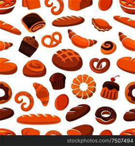 Bakery and pastry seamless pattern with bread, loaf, cake, bun, pretzel, croissant and donut. Bakery and pastry seamless pattern