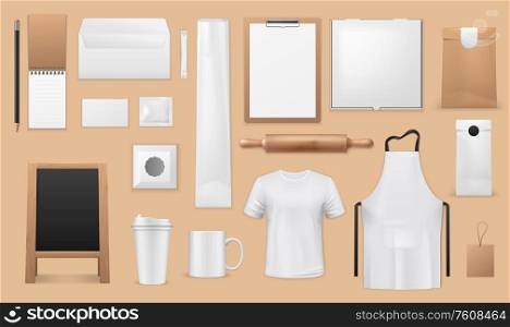 Bakery and pastry shop corporate identity realistic templates. Vector blank mockups of apron, bread and croissant paper bags, food packages, uniform t-shirt and menu boards, coffee cups, sugar sachet. Corporate identity template of bakery, pastry shop