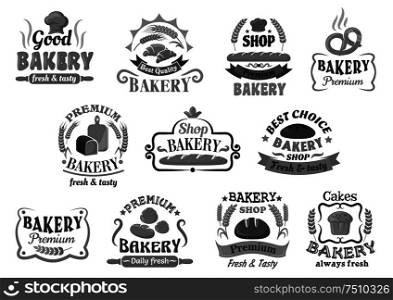 Bakery and pastry shop emblems, icons and signboards design with assorted bread, buns, cupcake, croissant and pretzel, framed by ribbon banners, cartouches, wheat ears, toques and stars. Bakery and pastry emblems or signboards