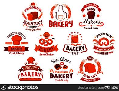 Bakery and pastry shop icons with decorative elements of bread, dessert, cereal ears, cakes and pretzel, dough and chef toque, ribbons and banners. Bakery and pastry shop icons