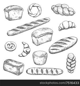 Bakery and pastry sketches with engraving stylized fragrant freshly baked baguette, healthy rye and delicious wheat bread loaves, croissants with chocolate fillings, soft pretzel and braided buns. Retro bakery and pastry sketches
