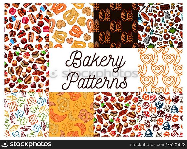 Bakery and patisserie desserts patterns. Bread, croissant, bread, baguette and muffin, bun and loaf, pretzel and bagel, pie and flour, donut and cake, cupcake, croissant, ice cream. Vector kitchen decoration pattern. Bakery and patisserie desserts patterns