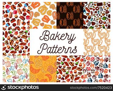 Bakery and patisserie desserts patterns. Bread, croissant, bread, baguette and muffin, bun and loaf, pretzel and bagel, pie and flour, donut and cake, cupcake, croissant, ice cream. Vector kitchen decoration pattern. Bakery and patisserie desserts patterns