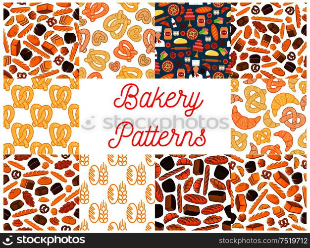 Bakery and patisserie seamless backgrounds. Wallpapers with vector baking icons of croissant, bread, baguette, muffin, bun, loaf, pretzel, bagel, pie flour dough cake cupcake. Bakery seamless pattern backgrounds