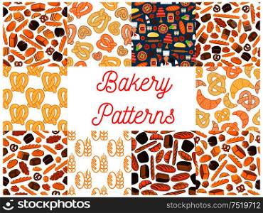 Bakery and patisserie seamless backgrounds. Wallpapers with vector baking icons of croissant, bread, baguette, muffin, bun, loaf, pretzel, bagel, pie flour dough cake cupcake. Bakery seamless pattern backgrounds