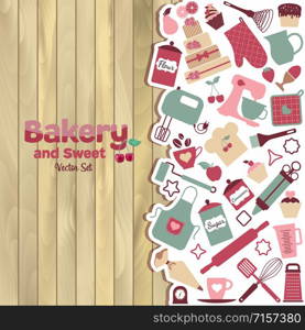 Bakery and sweet abstract illustration on wood.