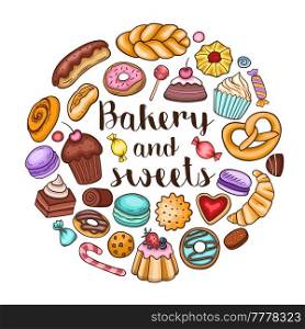 Bakery and sweets on a white background. Hand drawn vector illustration