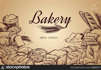 Bakery background. Hand drawn cooking bread bakery bagel breads pastry bake baking culinary vector menu design poster. Bakery background. Hand drawn cooking bread bakery bagel breads pastry bake baking culinary vector menu design