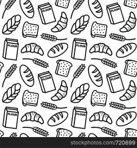 Bakery background seamless pattern outline illustration. Set of food icons flat design
