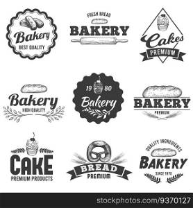 Bakery badge. Fresh bread food label, sweet cake sketch and hand drawn bakery products vector illustration set. Bread and cake shop, badge bakery collection. Bakery badge. Fresh bread food label, sweet cake sketch and hand drawn bakery products vector illustration set
