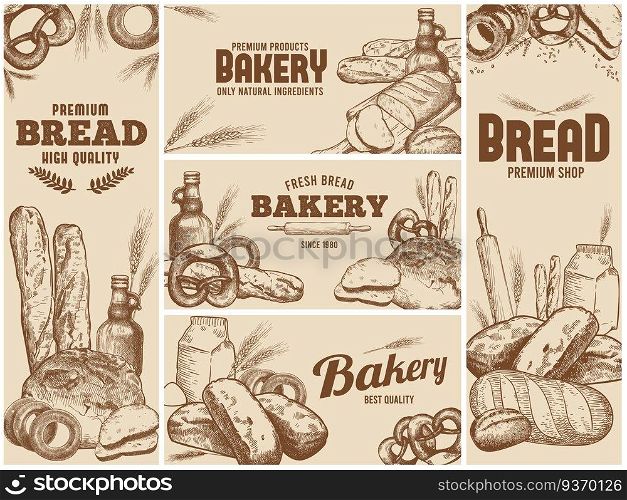 Bakery banner with hand drawn fresh bread and natural ingredients for baking. Sketch bakery products as baguette and pretzel vector illustration set. Advertisement for shop or store.. Bakery banner. Hand drawn fresh bread, natural baking ingredients and sketch bakery products vector illustration set.