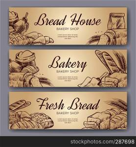 Bakery banners. Hand drawn cooking bread bakery bagel breads pastry rye bake baking pumpernickel culinary vector banner set. Bakery banners. Hand drawn cooking bread bakery bagel breads pastry rye bake baking pumpernickel culinary banner set