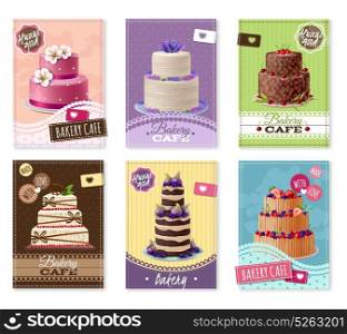 Bakery Banners Set . Bakery banners set with fruit and chocolate cakes cartoon isolated vector illustration