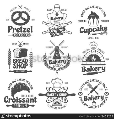 Bakery black white emblems with mill and wheat bread and pastry culinary tools isolated vector illustration. Bakery Black White Emblems