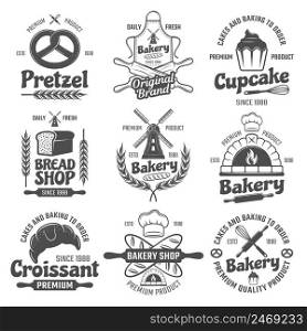 Bakery black white emblems with mill and wheat bread and pastry culinary tools isolated vector illustration. Bakery Black White Emblems