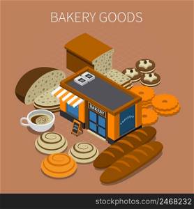 Bakery bread production isometric composition with images of ready products and marketing buildings with text vector illustration. Bakery Goods Isometric Background