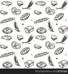 Bakery bread sketch pattern background. Vector seamless wheat spike or pretzel bun and wheat bagel, croissant or buns and toasts for baker shop design. Vector sketch pattern of bakery bread and cereals