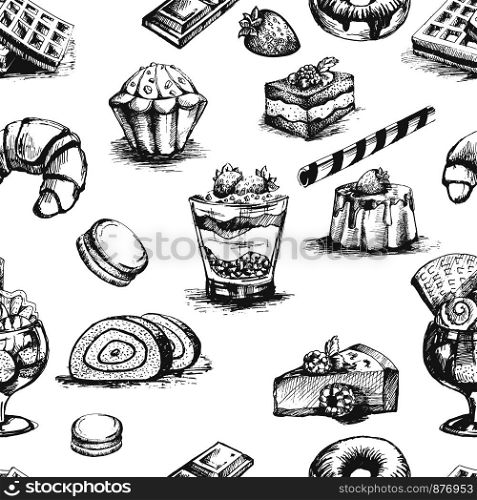 Bakery cakes and desserts cocktails monochrome sketches outline vector. Seamless pattern with beverages and drinks, strawberry and raspberry culinary art recipes. Sweet nutritious food isolated. Bakery cakes and desserts cocktails sketches outline vector