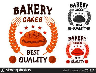 Bakery cakes icon of bun with poppy seeds, surrounded by stars, wheat ears and header Best quality with cookies on both sides. Bakery cakes icon with sweet bun