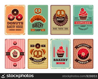 Bakery cards design. Fresh sweet foods cupcakes donuts and other baking products illustrations for vintage vector menu in retro style. Menu card baking shop and pastry bakery, donut and cupcake. Bakery cards design. Fresh sweet foods cupcakes donuts and other baking products illustrations for vintage vector menu in retro style