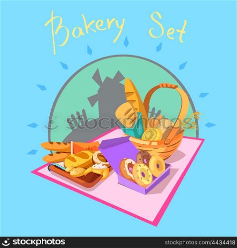 Bakery cartoon concept. Bakery concept with pastry and bread and windmill on background cartoon retro vector illustration