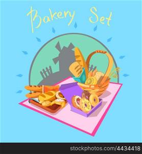 Bakery cartoon concept. Bakery concept with pastry and bread and windmill on background cartoon retro vector illustration