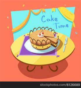Bakery cartoon illustration. Bakery cartoon with sweet holiday layered cake on table retro style vector illustration